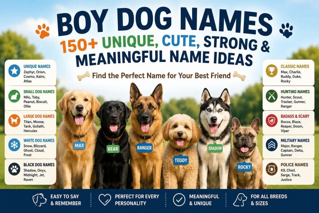 Best boy dog names infographic with 150 plus unique cute strong and meaningful name ideas for your new puppy.